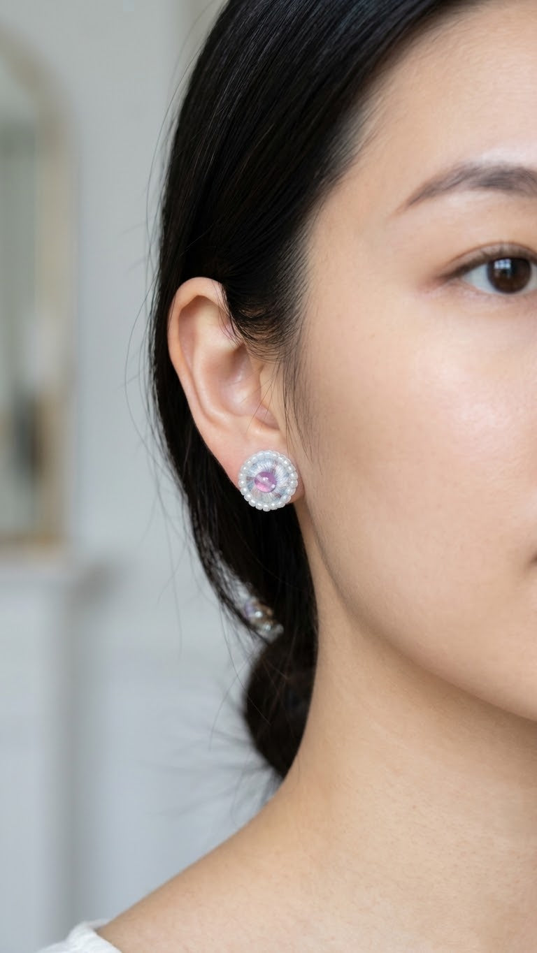 Hand-Embroidered Amethyst Blossom Stud Earrings