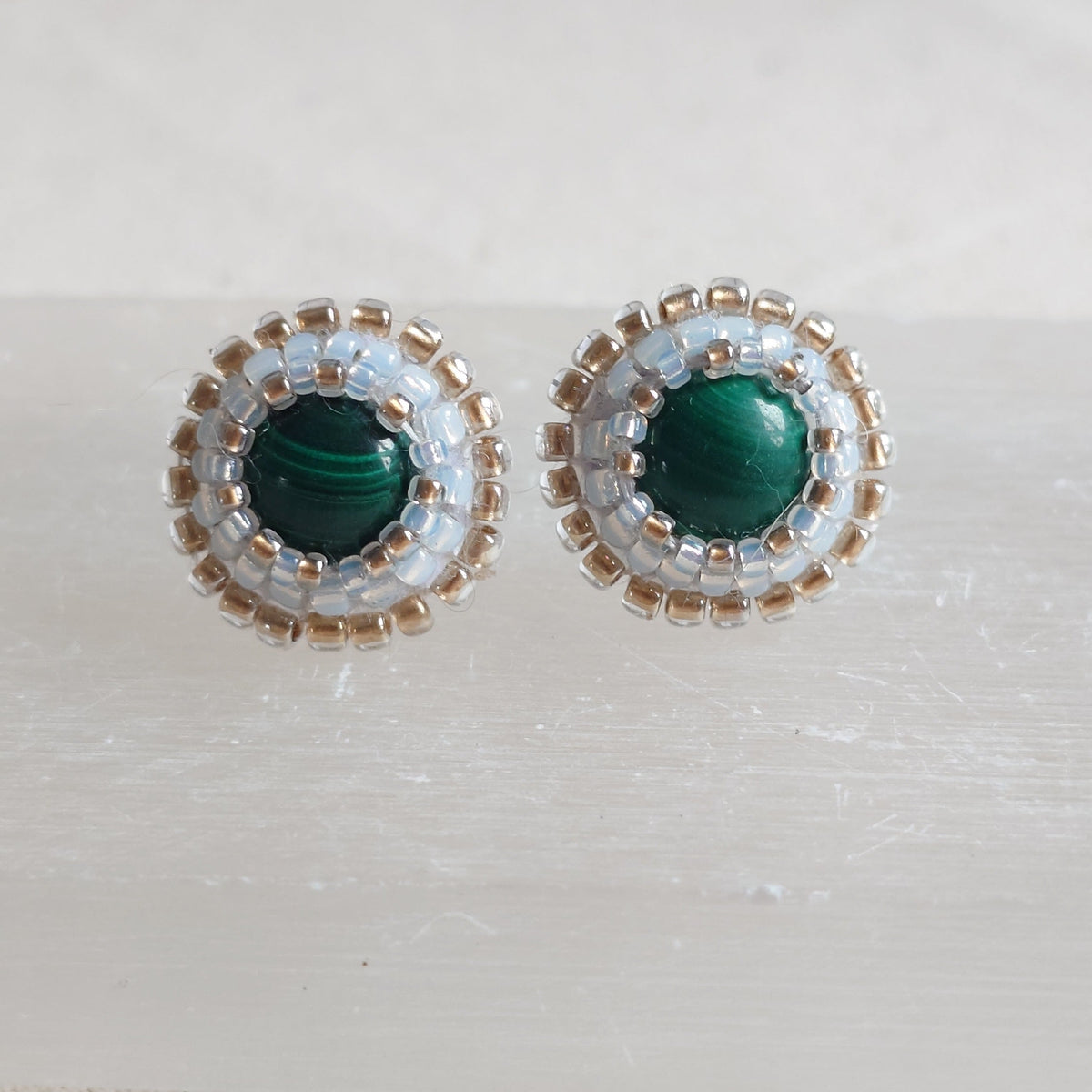 Natural Malachite Beaded Halo Stud Earrings