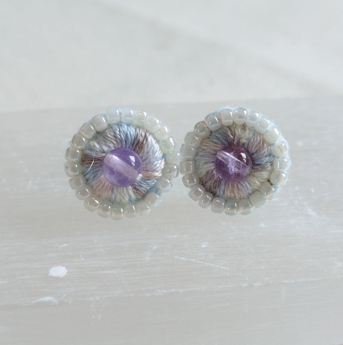 Hand-Embroidered Amethyst Blossom Stud Earrings