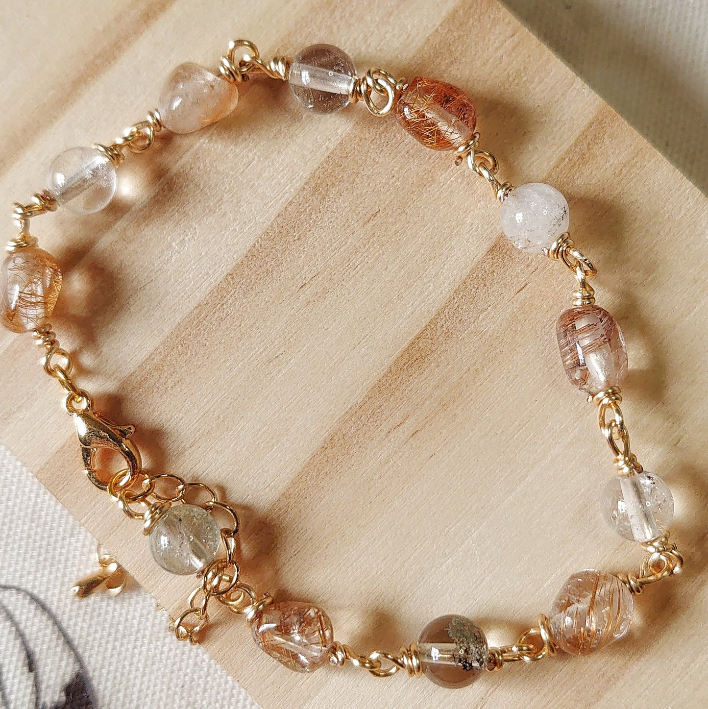 Natural Handmade Copper Rutilated Quartz And Green Phantom Stone Bracelet
