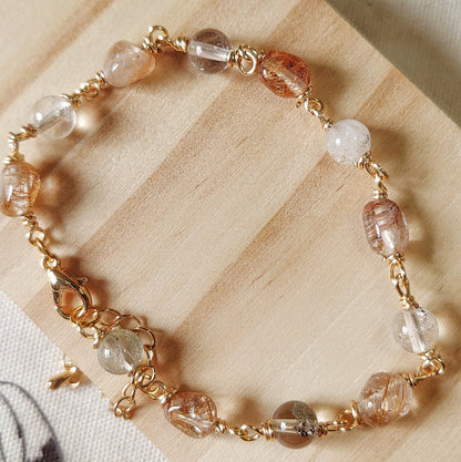 Natural Handmade Copper Rutilated Quartz And Green Phantom Stone Bracelet